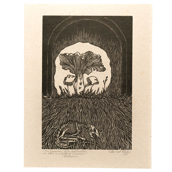 Woodcut print of a mushroom on textured paper