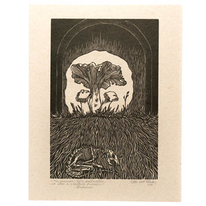 Woodcut print of a mushroom on textured paper