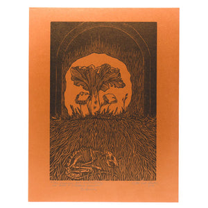 Woodcut-style illustration of a skeleton under a tree with an orange border