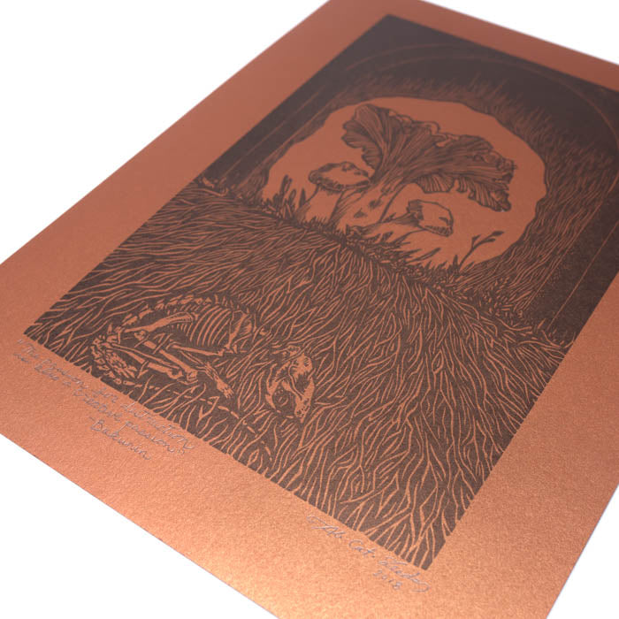 Woodcut print of a lion on a brown paper background