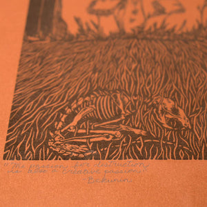 Woodcut-style illustration of a skeleton with text on an orange background