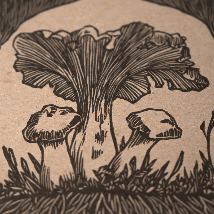 Woodcut-style illustration of mushrooms and a tree on brown paper.