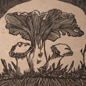 Woodcut-style illustration of mushrooms and a tree on brown paper.