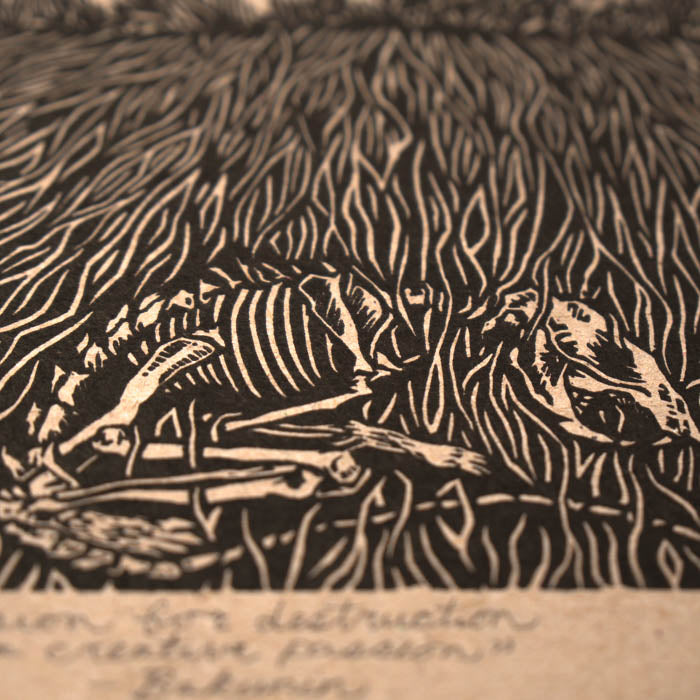 Woodcut-style illustration of a landscape with trees and text at the bottom.