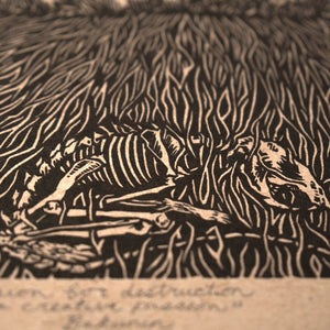 Woodcut-style illustration of a landscape with trees and text at the bottom.