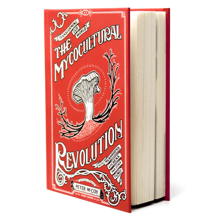 Book titled 'The Mycocultural Revolution' with a red cover and white text on a white background