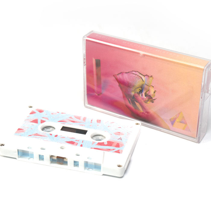 Cassette tape with a colorful design on a white background