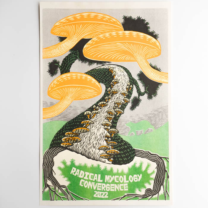 Poster with illustration of mushrooms on a tree trunk, featuring 'Radical Mycology Convergence 2022' text.