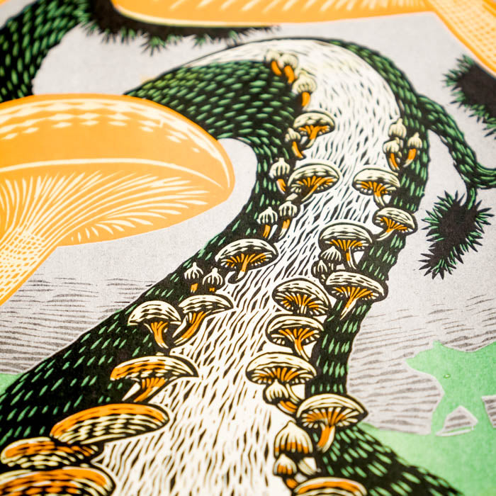Close-up of a patterned poster with green, orange, and black design
