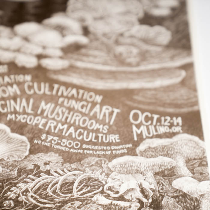 Poster text and illustrations of mushrooms and plants, featuring a fungal art design.