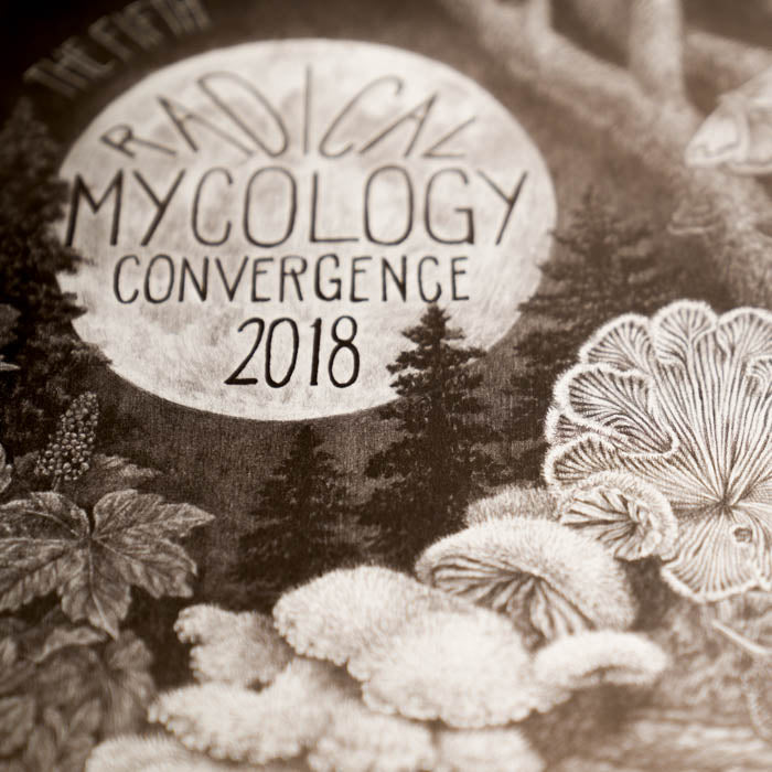 Black and white illustration of a forest scene with 'Radical Mycology Convergence 2018' text overlay.