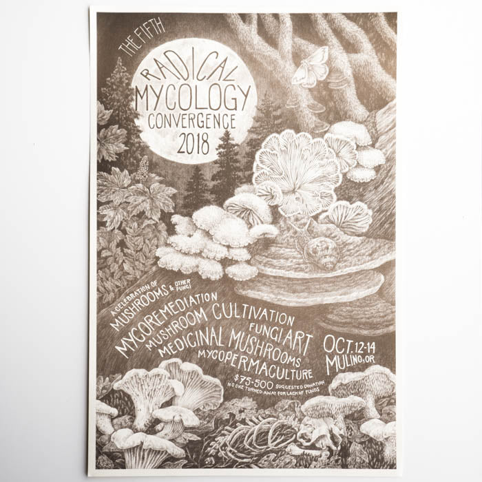 Poster for the Fifth Radical Mycology Convergence 2018 featuring illustrations of mushrooms and text.