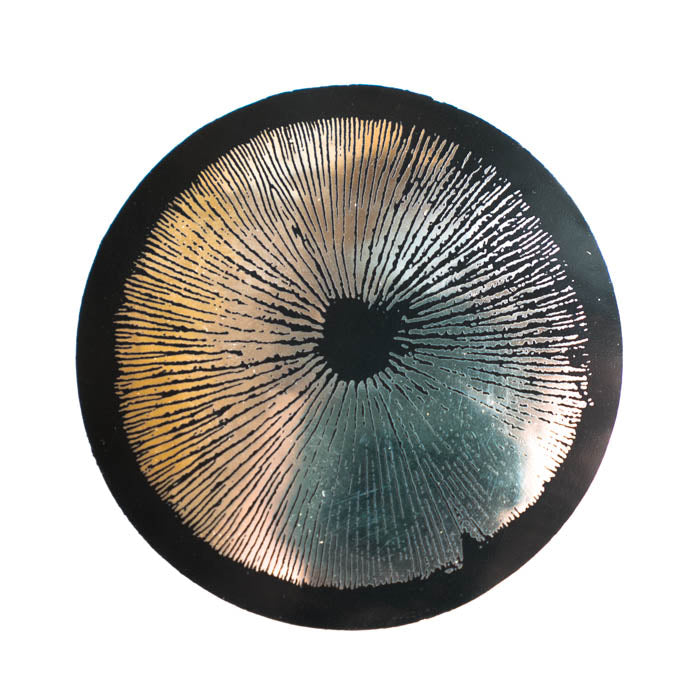 Circular sticker with spore print patterns on a silver background