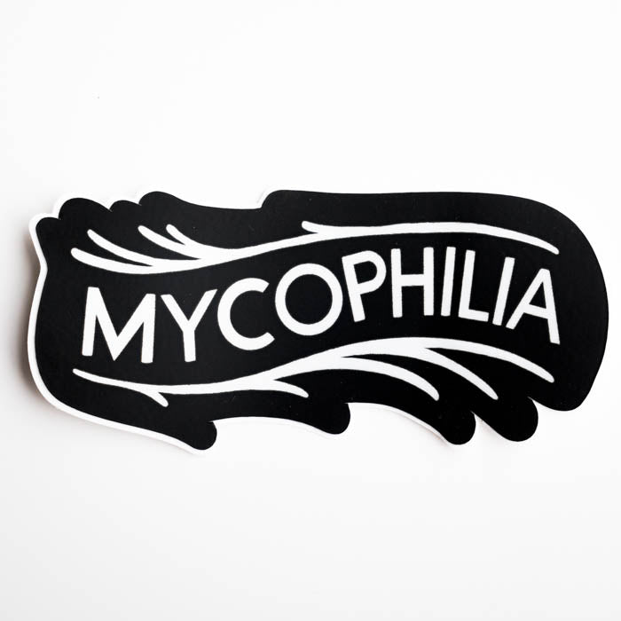 Black and white sticker with 'Mycophilia' text on a white background