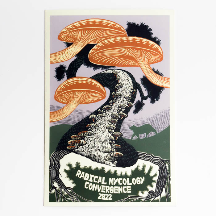 Illustration of mushrooms with text 'Radical Mycology Convergence 2022' on a light purple background