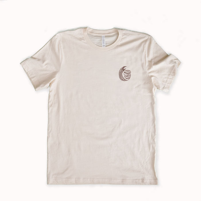 Beige t-shirt with a small logo on a white background