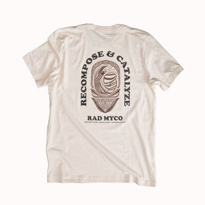 Beige t-shirt with graphic design and text on a white background