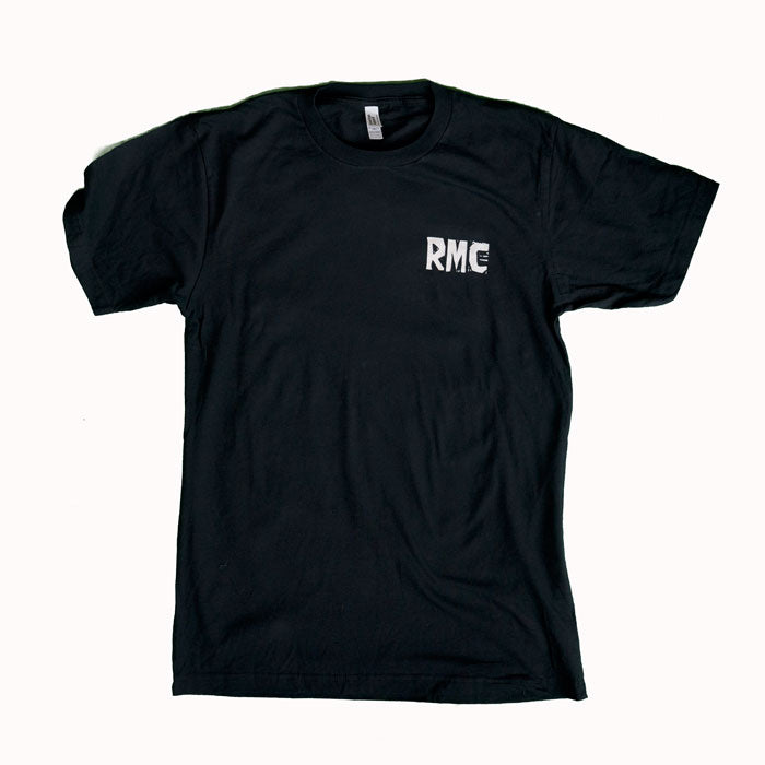 Black t-shirt with 'RMC' logo on a white background