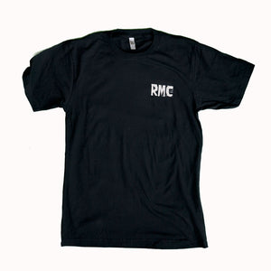 Black t-shirt with 'RMC' logo on a white background