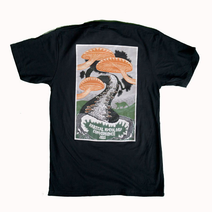Black t-shirt with a graphic design on the back featuring mushrooms and text.