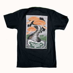 Black t-shirt with a graphic design on the back featuring mushrooms and text.