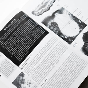 Book or magazine with text and black and white images on a white background