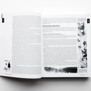 Open book with text and black and white images on a white background
