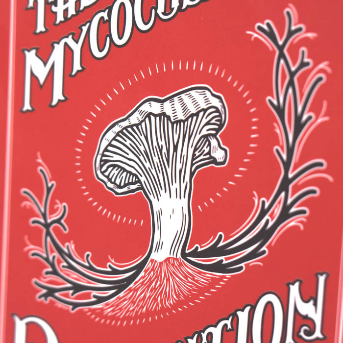 Book cover with a stylized illustration of a mushroom on a red background